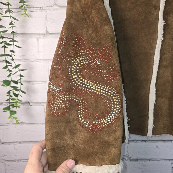 VINTAGE PENNY LANE LIKE LOVE SUEDE JACKET EMBROIDERED SHERPA LINED WOMENS L - Picture 6 of 8